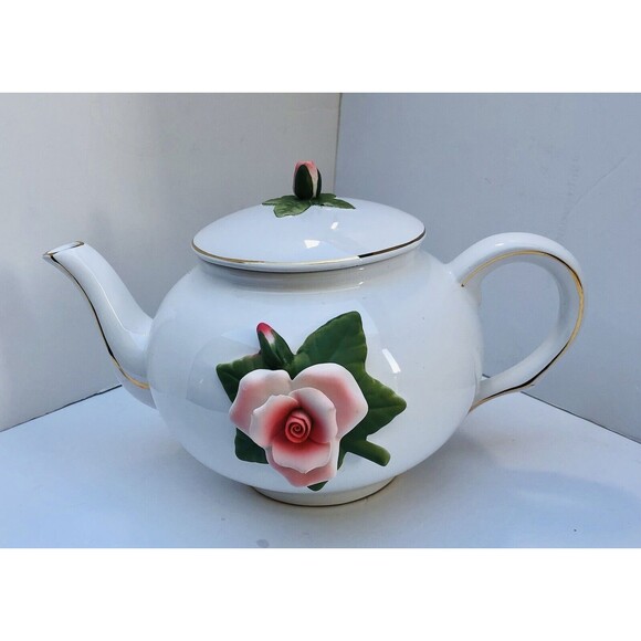 Teleflora Gift Peach Rose vintage Teapot Porcelain white with Gold Trim - Picture 2 of 9